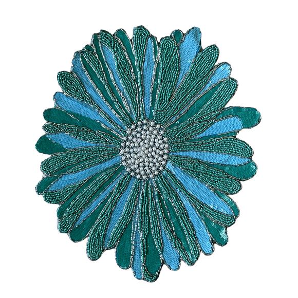 TAHARI HOME Glass Hand Beaded Charger Placemat 15in Blue Green Silver Floral NEW